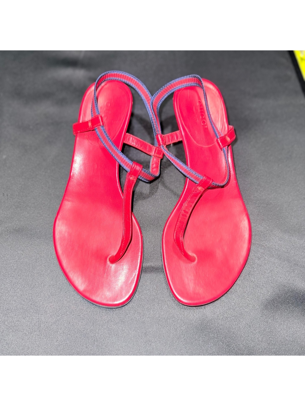 Red Leather T-Strap Sandals with Blue Trim